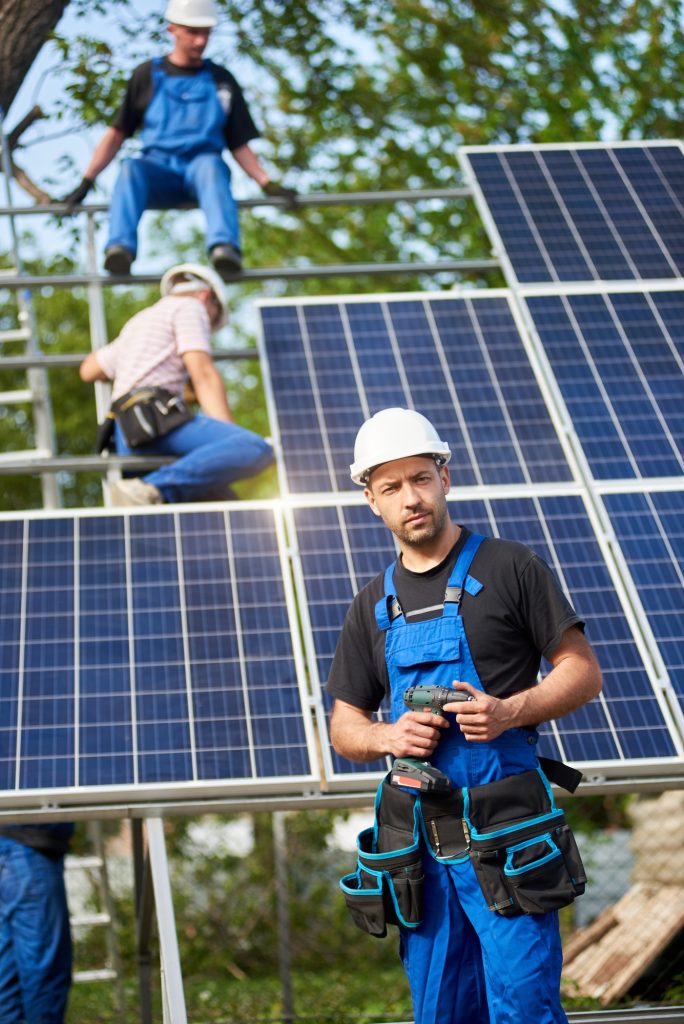 Stand-alone exterior solar panel system installation, renewable green energy generation concept.